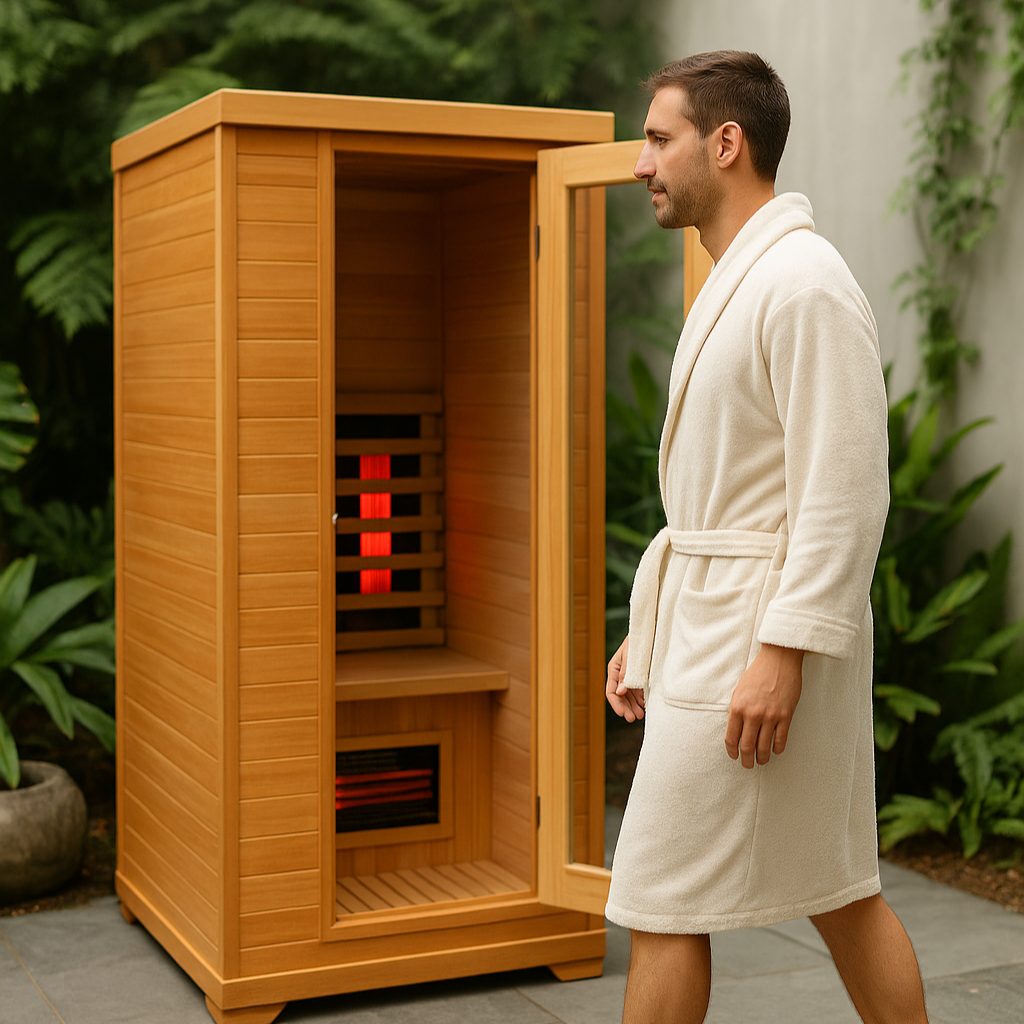 man walking by open sauna in a robe